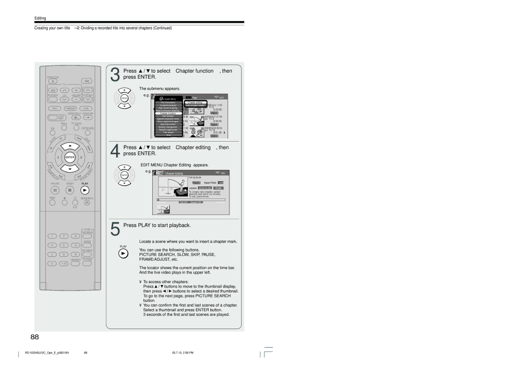 Toshiba RD-XS54SU owner manual Press / to select Chapter function, then press Enter, Press Play to start playback 