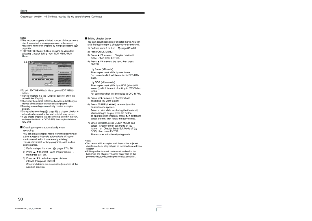 Toshiba RD-XS54SU owner manual Creating chapters automatically when recording, Editing chapter break 