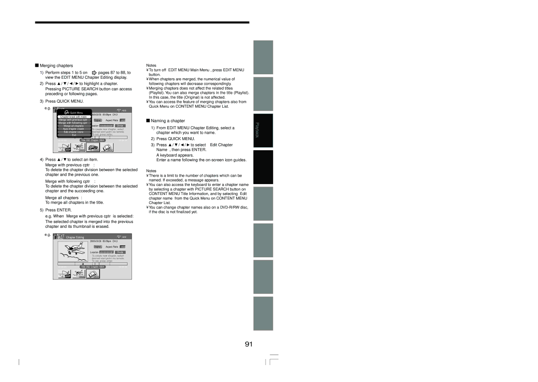 Toshiba RD-XS54SU owner manual Merging chapters, Naming a chapter 