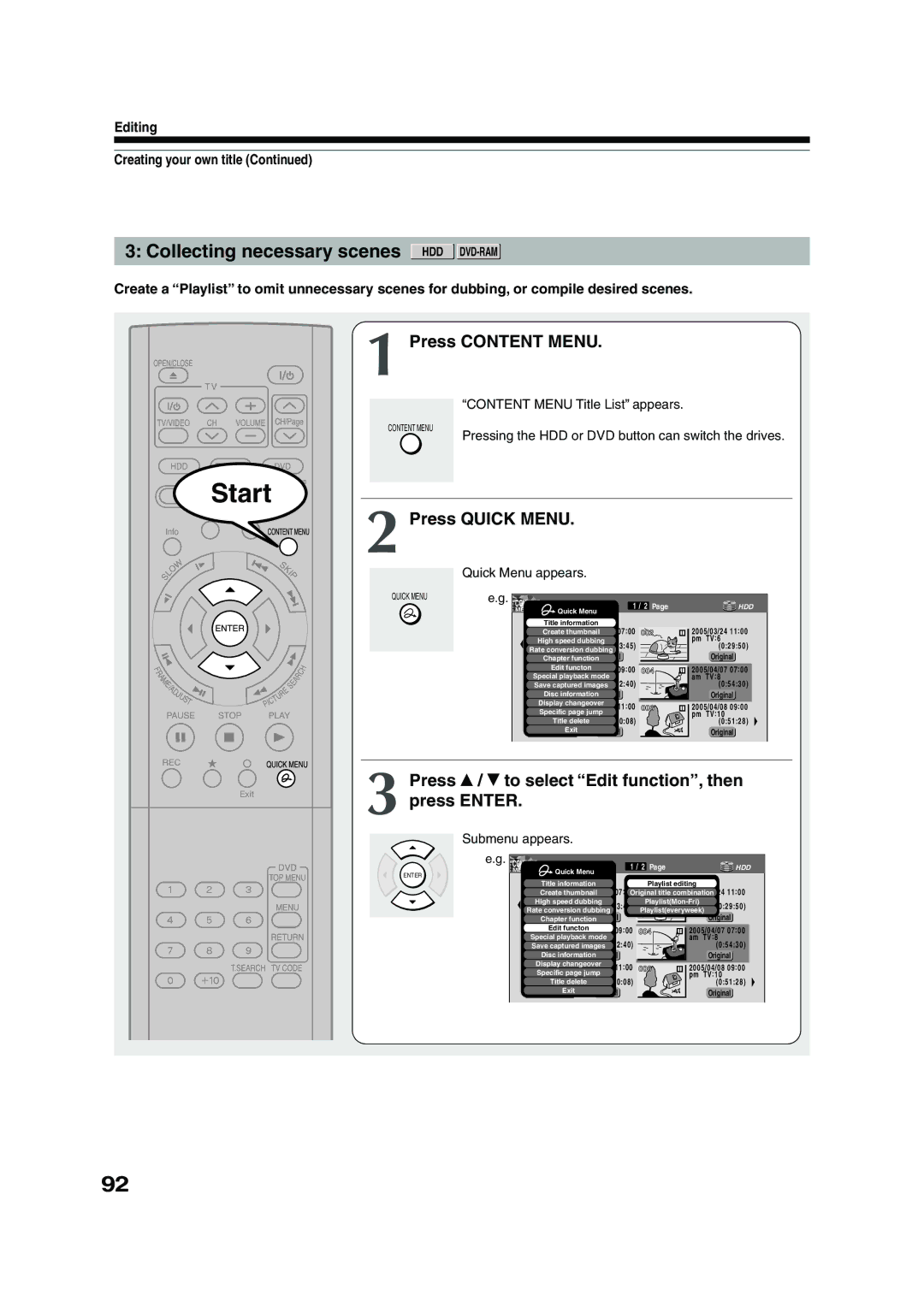 Toshiba RD-XS54SU owner manual Collecting necessary scenes HDD DVD-RAM, Press Content Menu, Submenu appears 