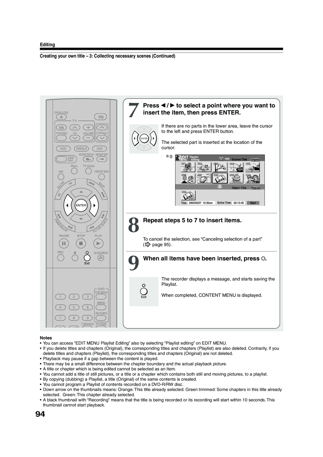 Toshiba RD-XS54SU owner manual Press, Insert the item, then press Enter, Repeat steps 5 to 7 to insert items 