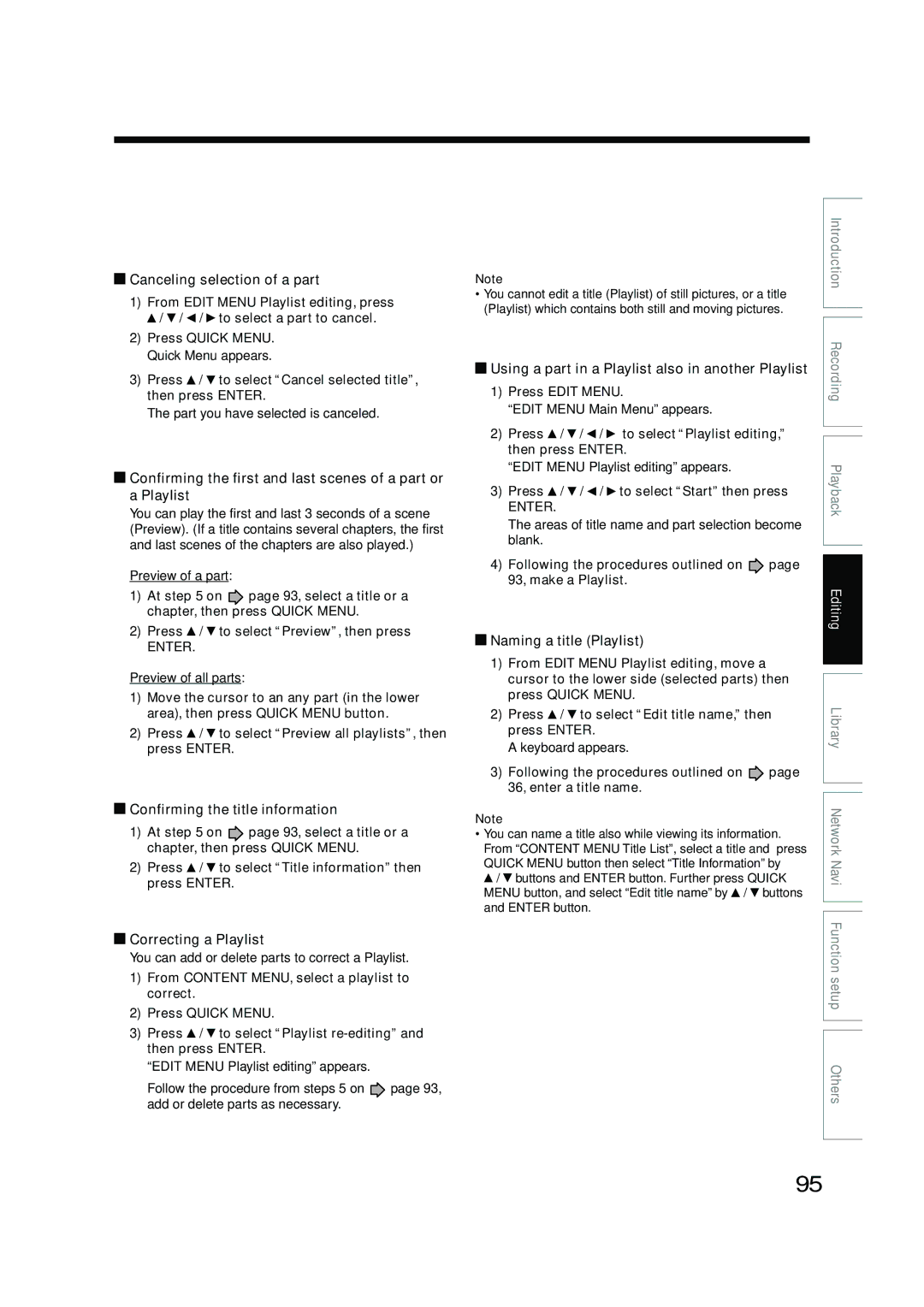 Toshiba RD-XS54SU owner manual Canceling selection of a part, Confirming the title information, Correcting a Playlist 