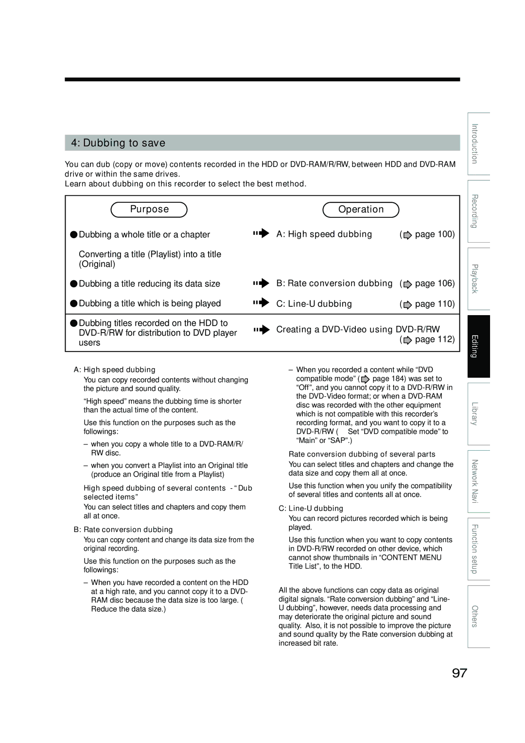 Toshiba RD-XS54SU owner manual Dubbing to save, Purpose Operation 