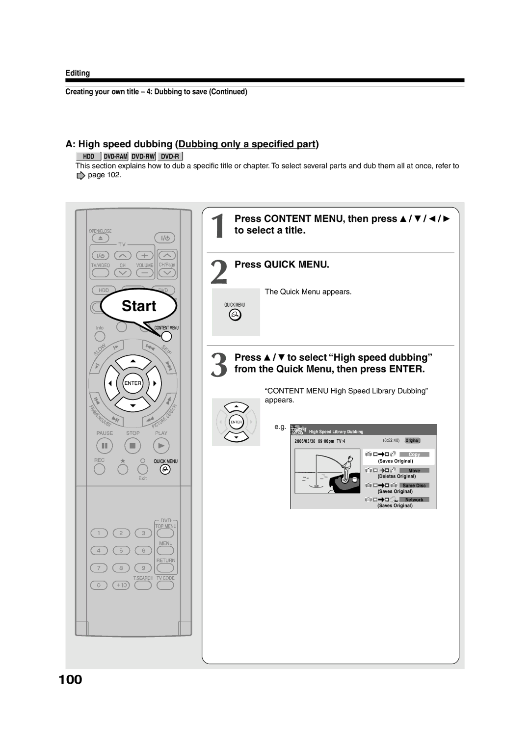 Toshiba RD-XS55KU owner manual 100, High speed dubbing Dubbing only a specified part, To select a title Press Quick Menu 