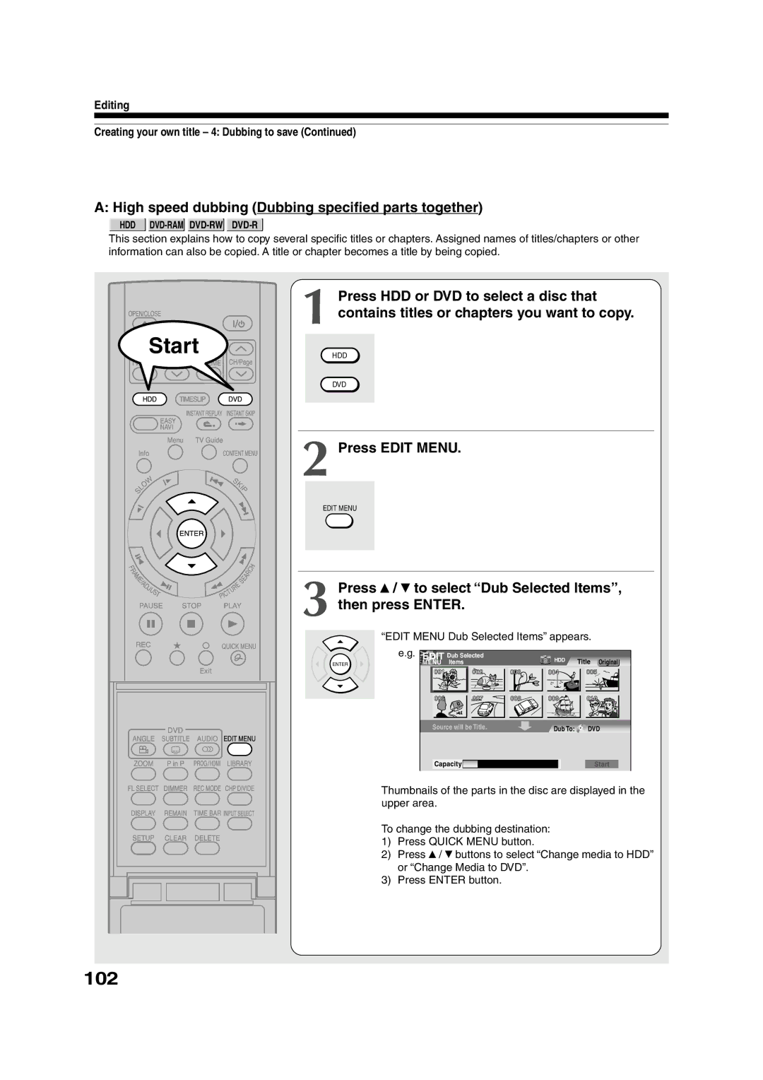 Toshiba RD-XS55KU 102, High speed dubbing Dubbing specified parts together, Edit Menu Dub Selected Items appears 