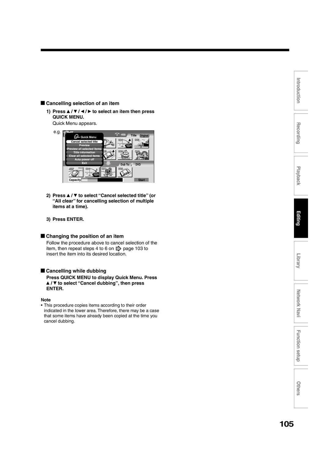 Toshiba RD-XS55KU 105, Cancelling selection of an item, Changing the position of an item, Cancelling while dubbing 