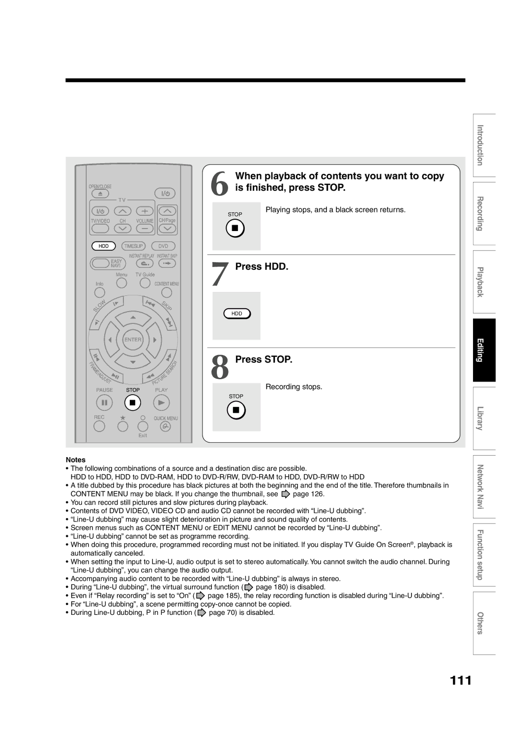 Toshiba RD-XS55KU owner manual 111, Press Stop, Playing stops, and a black screen returns, Recording stops 