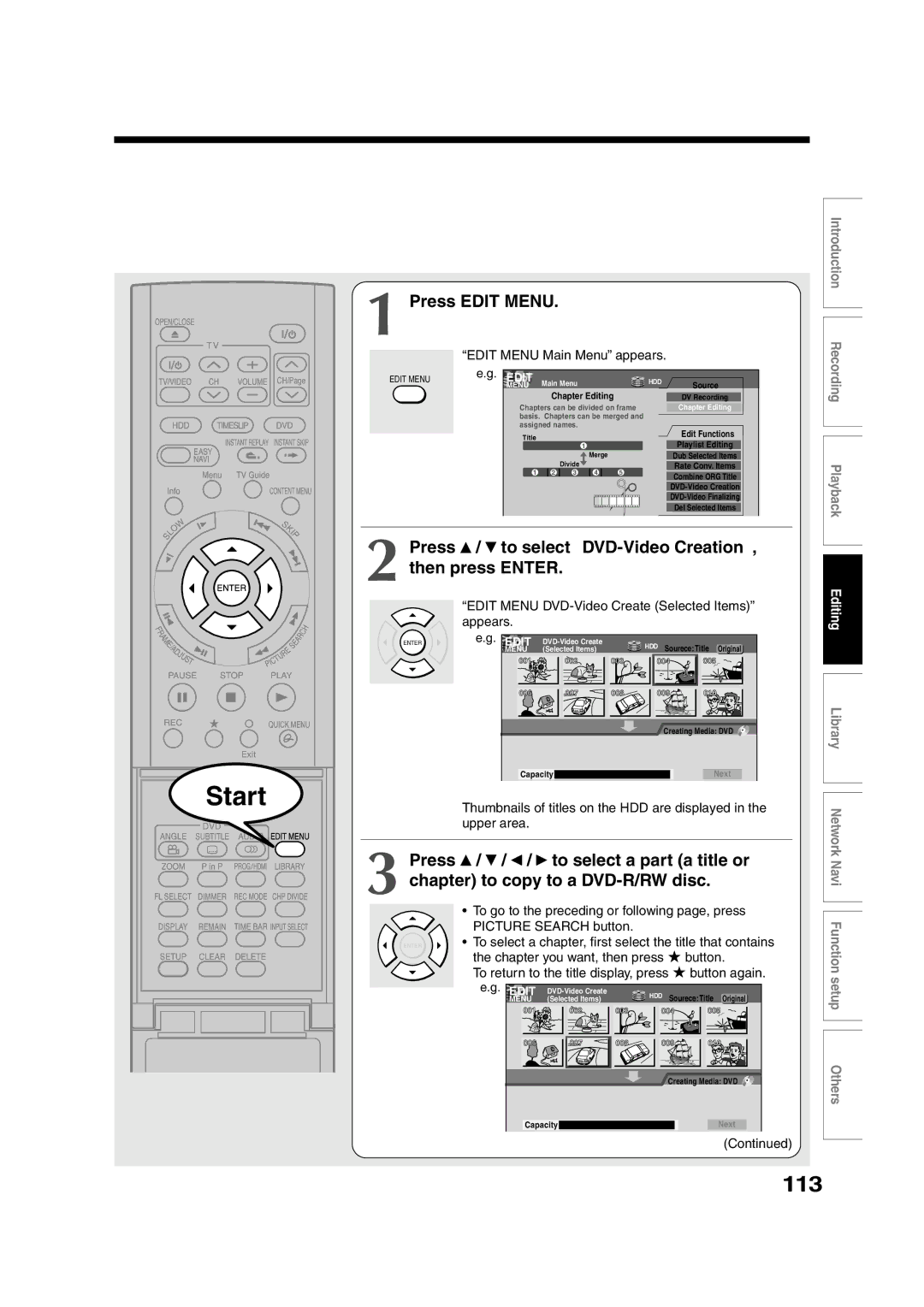 Toshiba RD-XS55KU owner manual 113, Press To select DVD-Video Creation Then press Enter, Chapter to copy to a DVD-R/RW disc 