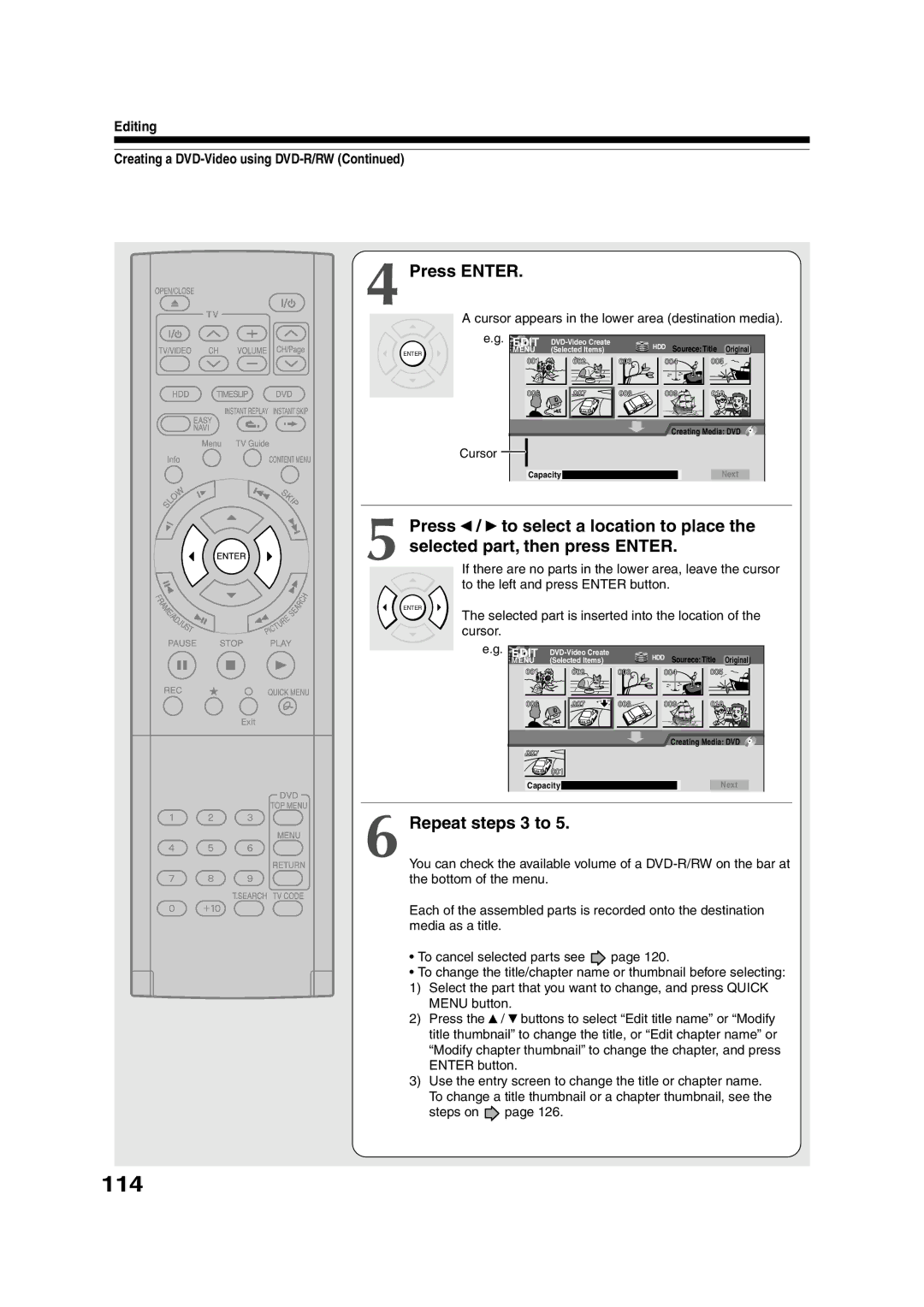 Toshiba RD-XS55KU owner manual 114, Repeat steps 3 to, Editing Creating a DVD-Video using DVD-R/RW 