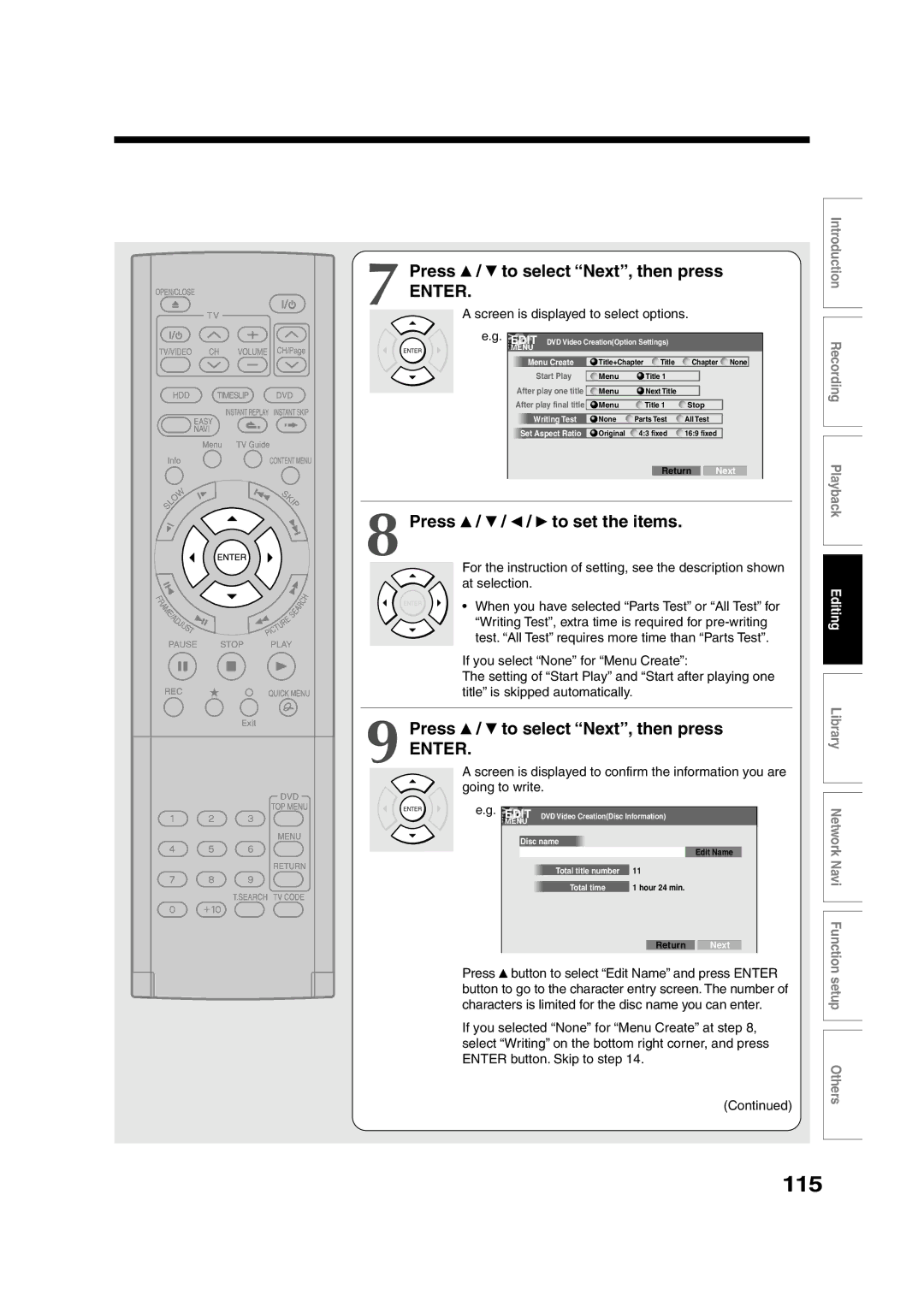 Toshiba RD-XS55KU owner manual 115, Press / to select Next, then press, Press To set the items 