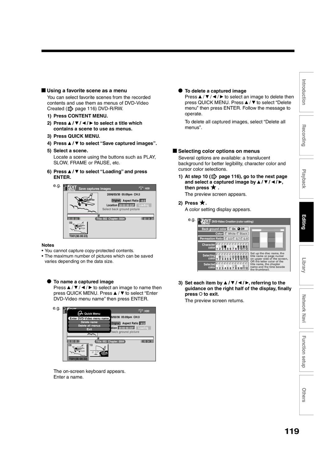 Toshiba RD-XS55KU owner manual 119, Using a favorite scene as a menu, Selecting color options on menus 