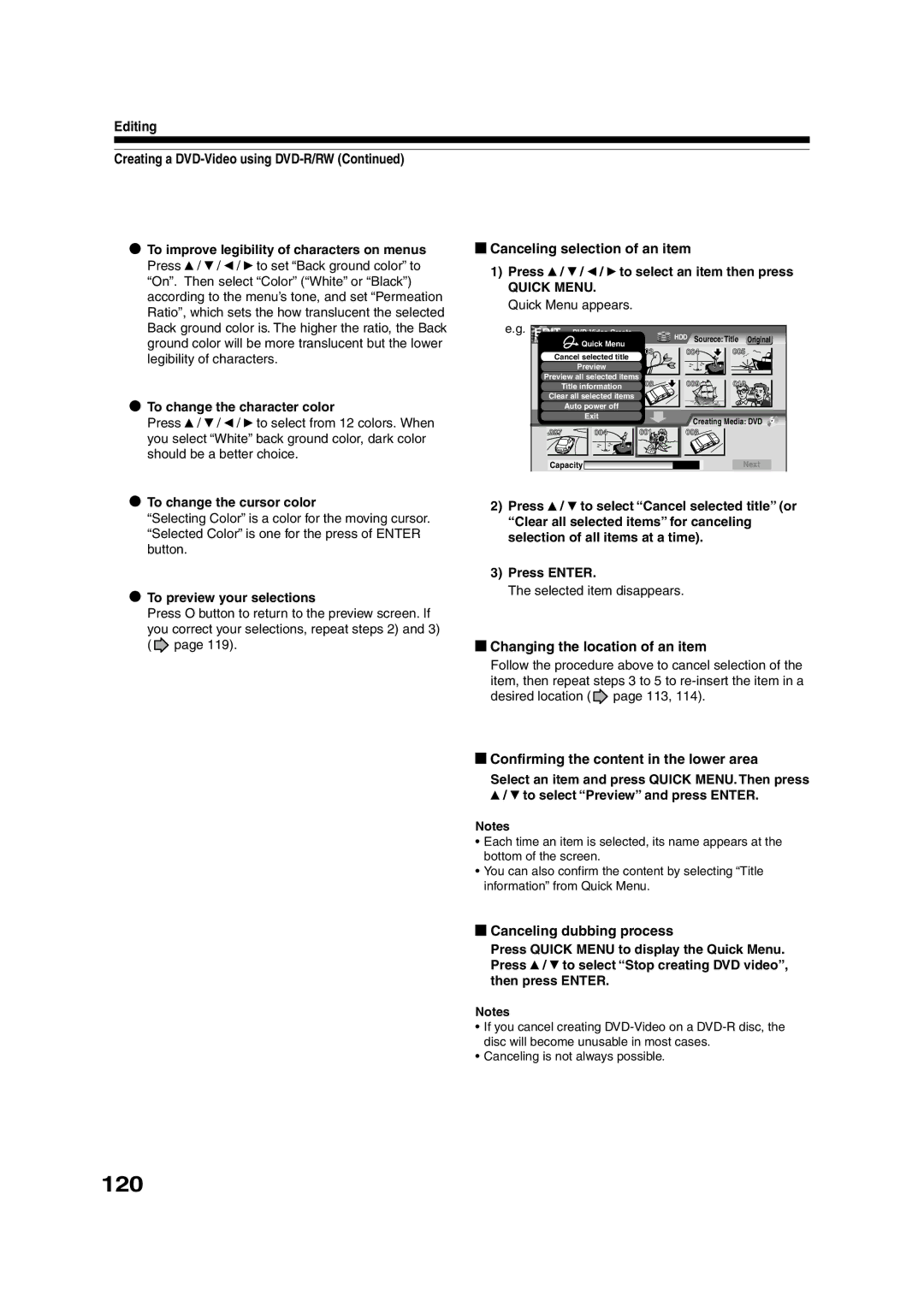 Toshiba RD-XS55KU 120, Canceling selection of an item, Changing the location of an item, Canceling dubbing process 