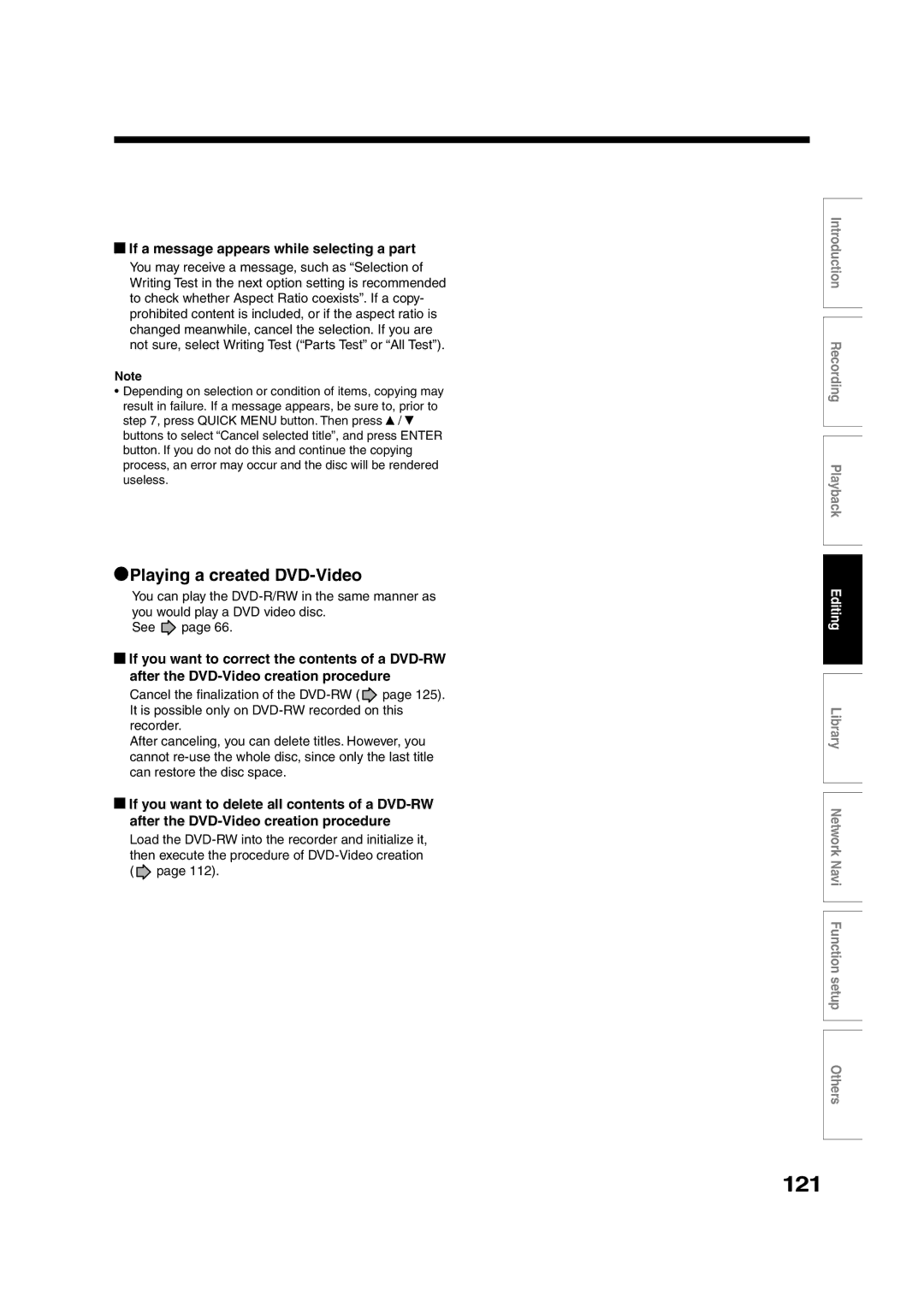 Toshiba RD-XS55KU owner manual 121, Playing a created DVD-Video, If a message appears while selecting a part 