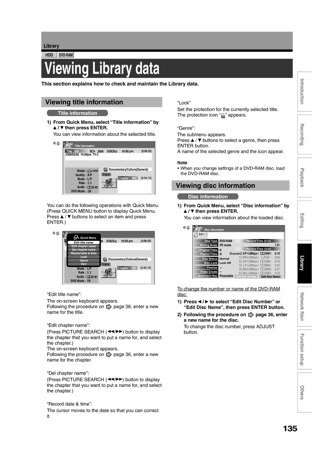 Toshiba RD-XS55KU owner manual Viewing Library data, 135, Viewing title information, Viewing disc information 