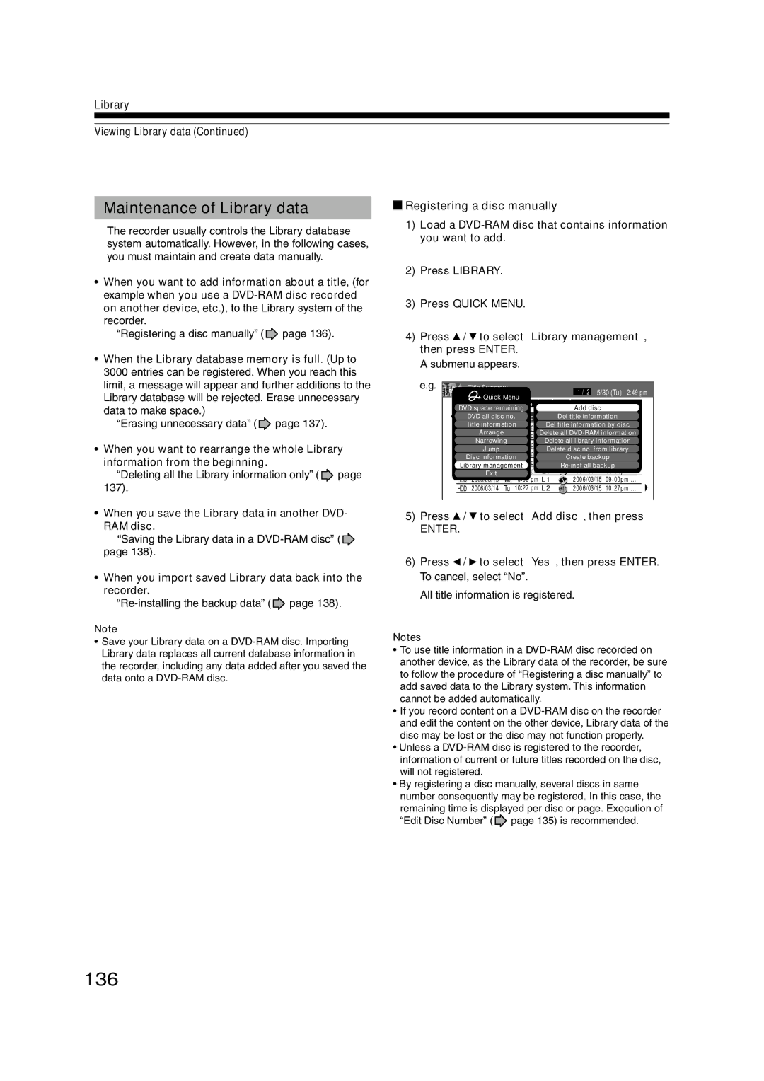 Toshiba RD-XS55KU owner manual 136, Maintenance of Library data, Library Viewing Library data, Registering a disc manually 