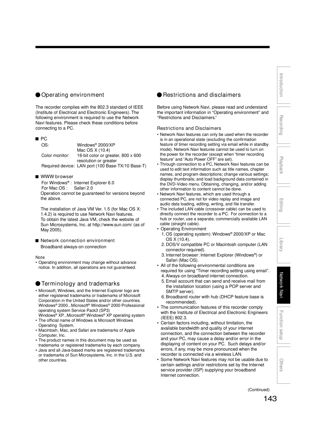 Toshiba RD-XS55KU owner manual 143, Operating environment, Terminology and trademarks, Restrictions and disclaimers 