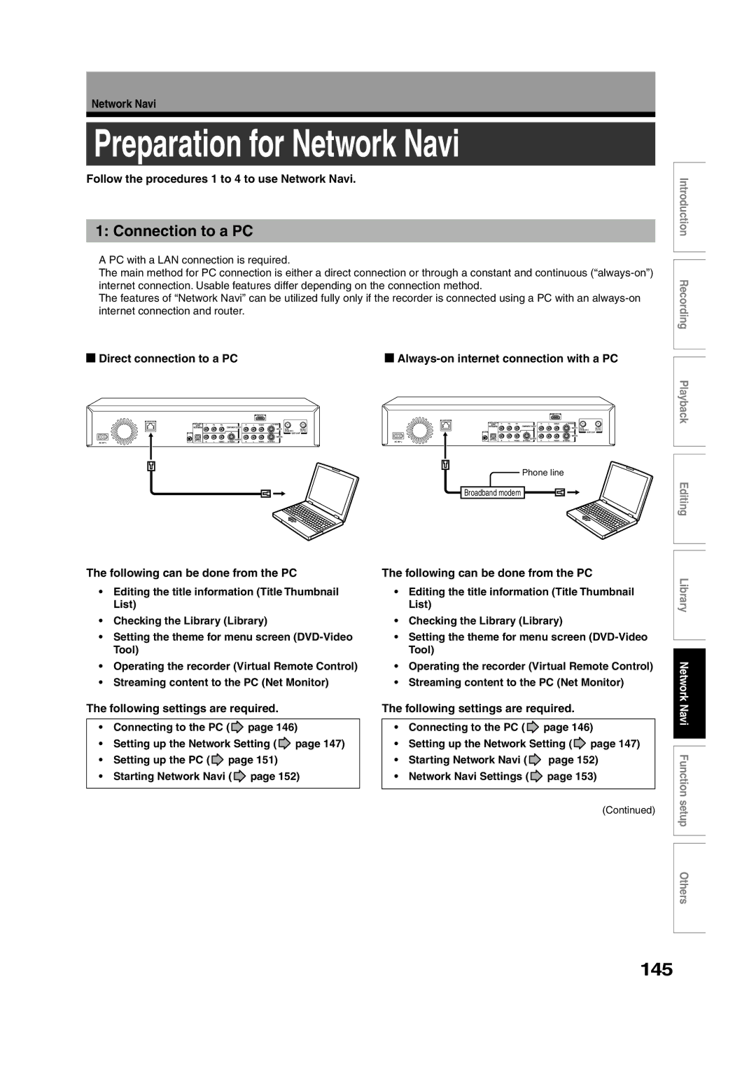 Toshiba RD-XS55KU owner manual Preparation for Network Navi, 145, Connection to a PC 