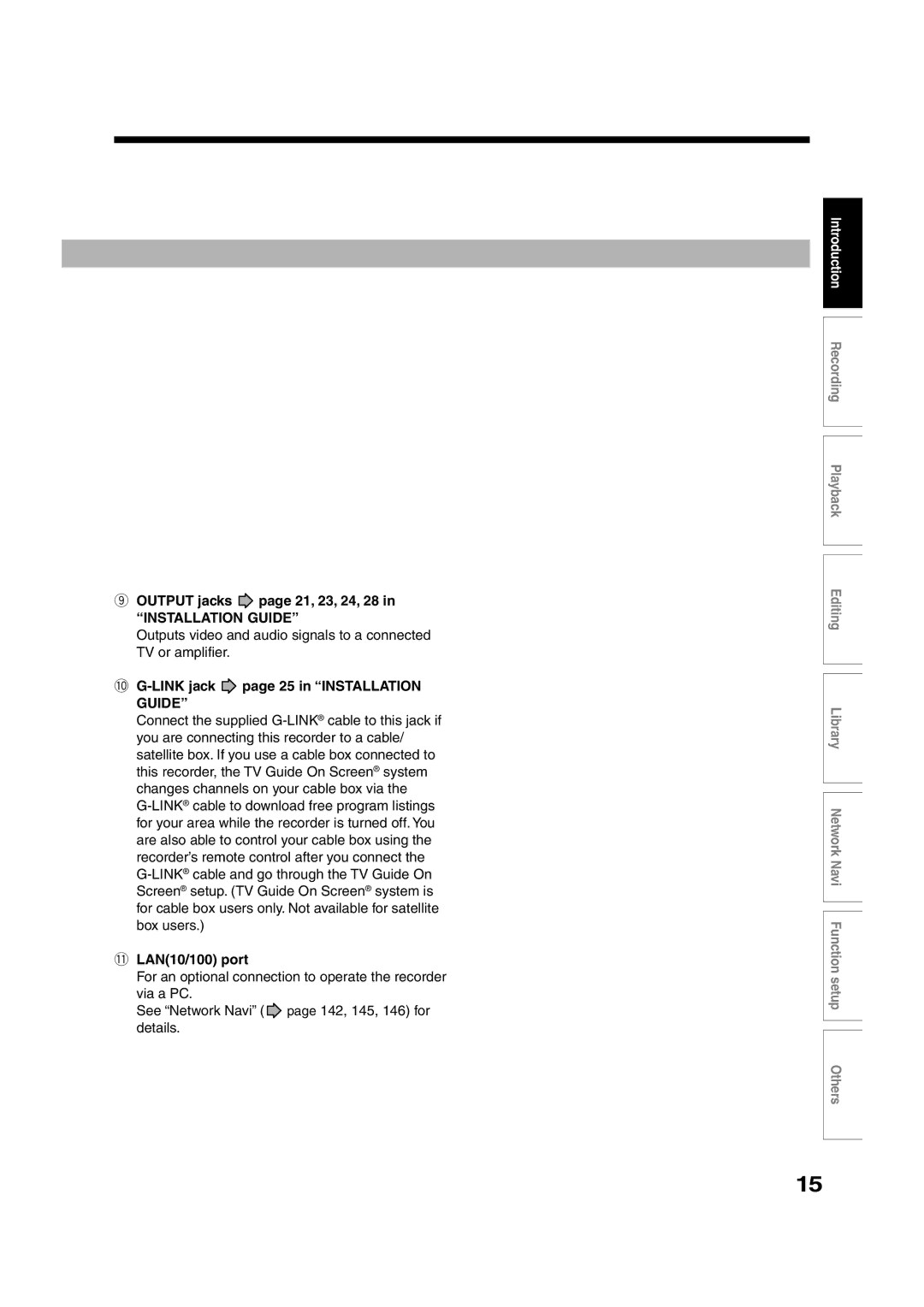 Toshiba RD-XS55KU owner manual Output jacks page 21, 23, 24, 28, 0G-LINK jack page 25 in Installation, 1LAN10/100 port 