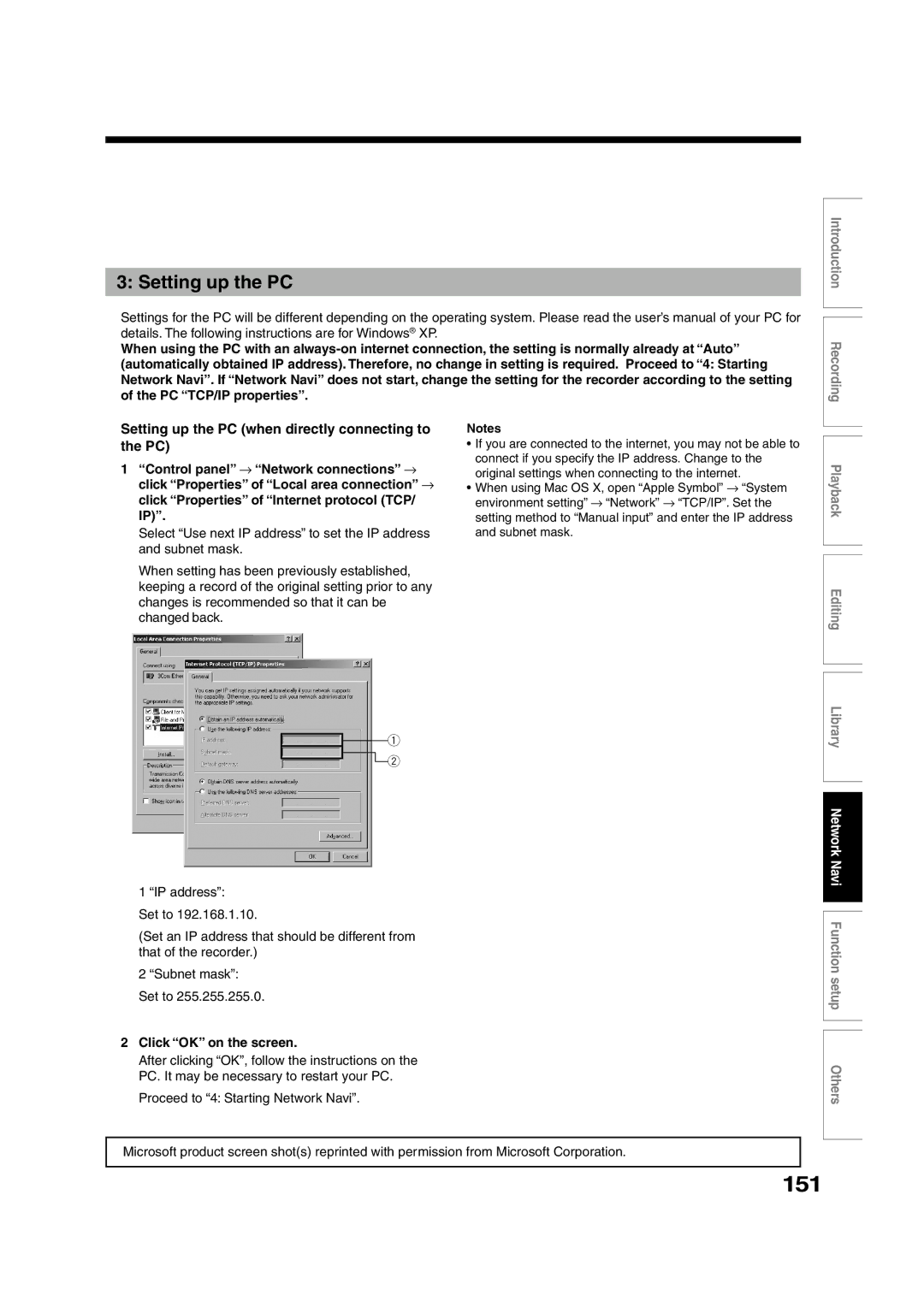 Toshiba RD-XS55KU owner manual 151, Setting up the PC when directly connecting to the PC, Click OK on the screen 