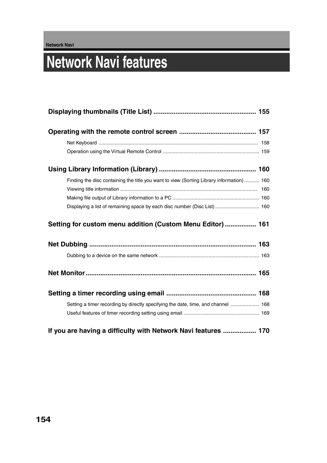 Toshiba RD-XS55KU owner manual Network Navi features, 154, Using Library Information Library 160 