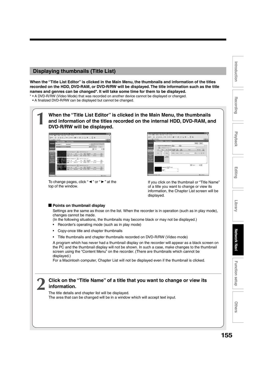 Toshiba RD-XS55KU owner manual 155, Displaying thumbnails Title List, Points on thumbnail display 