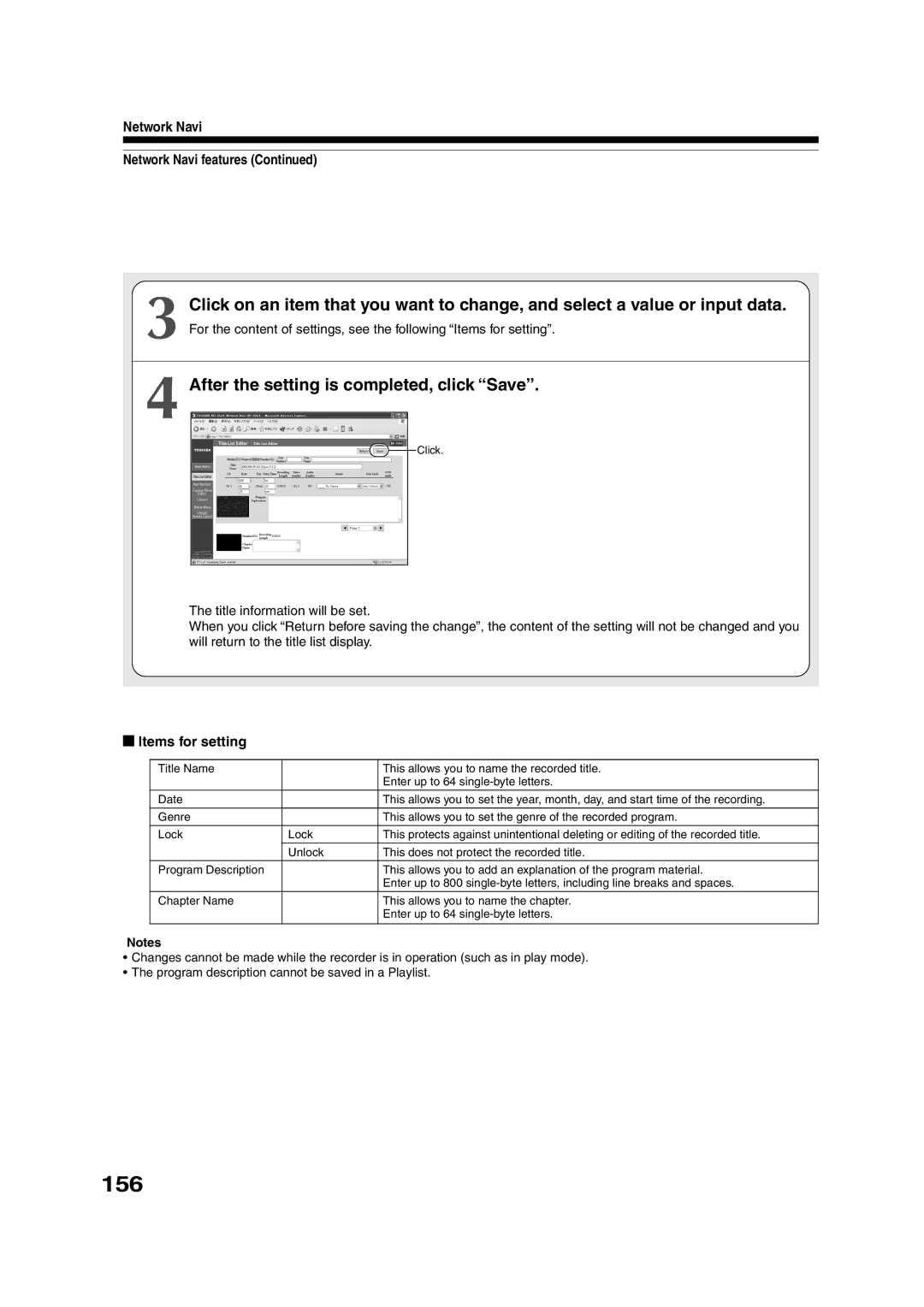 Toshiba RD-XS55KU 156, After the setting is completed, click Save, Network Navi Network Navi features, Items for setting 