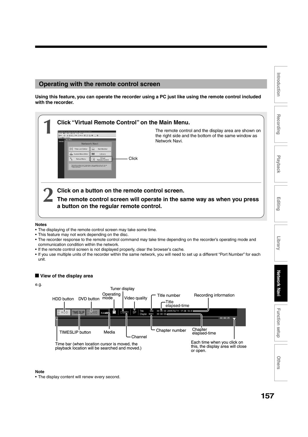 Toshiba RD-XS55KU 157, Click Virtual Remote Control on the Main Menu, View of the display area, Title elapsed-time 