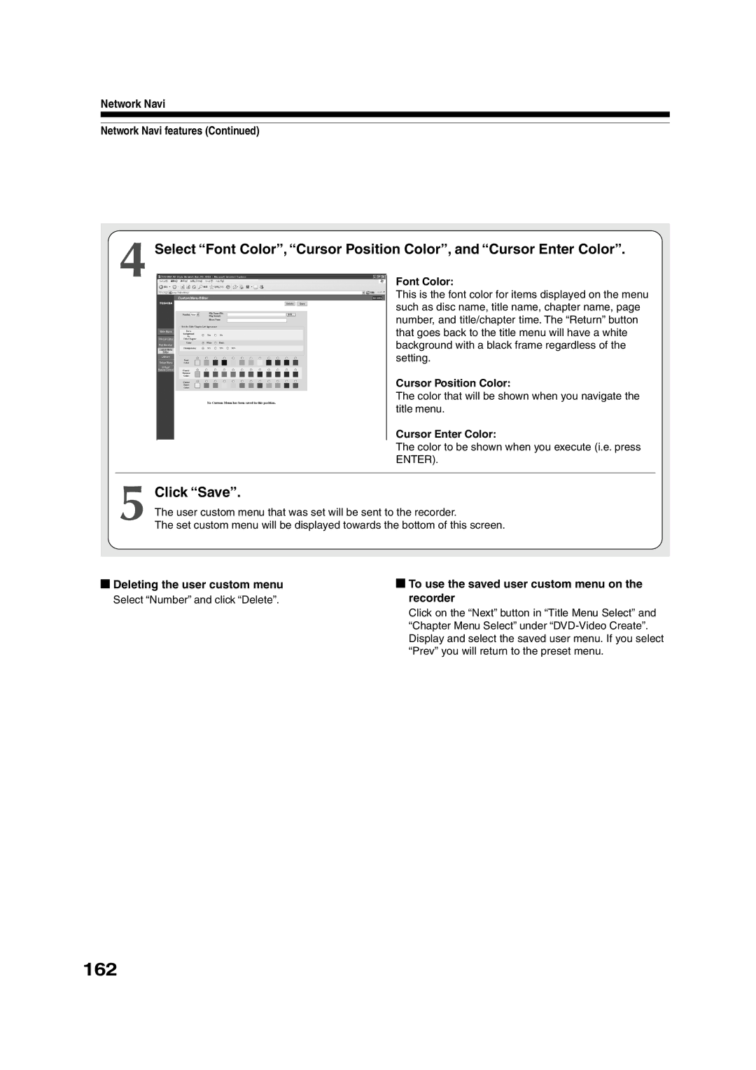 Toshiba RD-XS55KU 162, Click Save, Deleting the user custom menu, To use the saved user custom menu on the recorder 