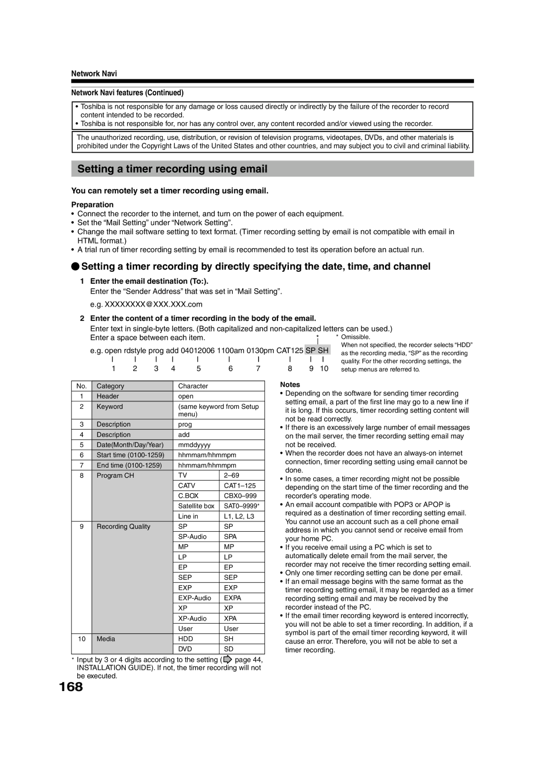 Toshiba RD-XS55KU 168, You can remotely set a timer recording using email, Preparation, Enter the email destination To 