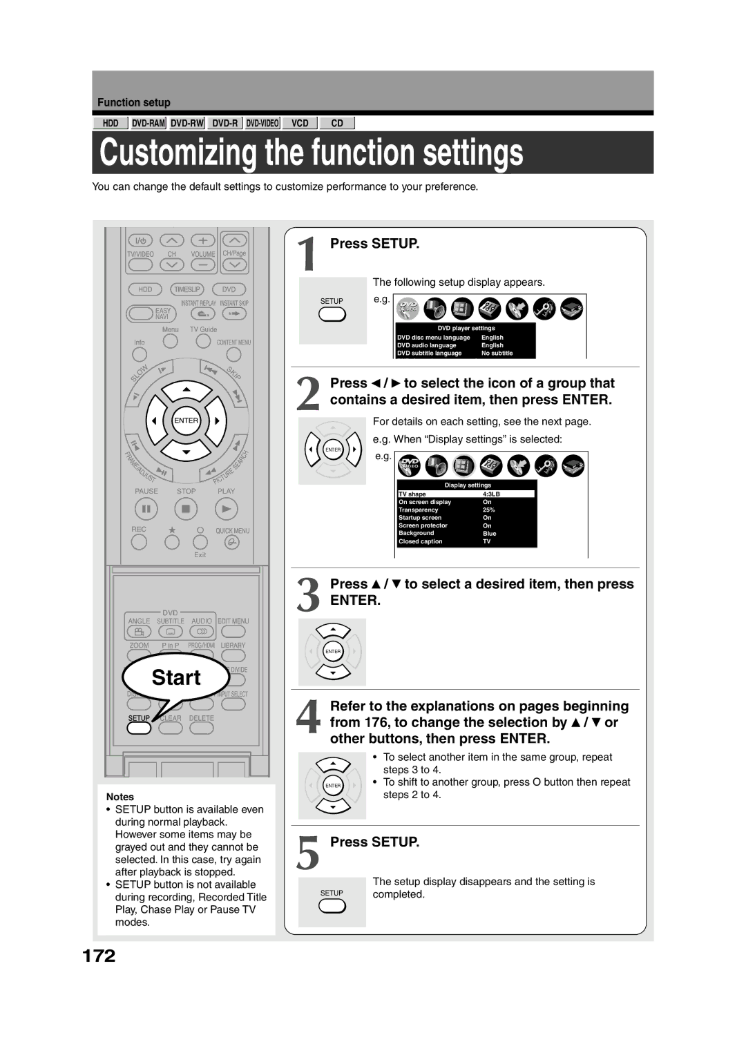 Toshiba RD-XS55KU Customizing the function settings, 172, Press / to select a desired item, then press, Function setup 