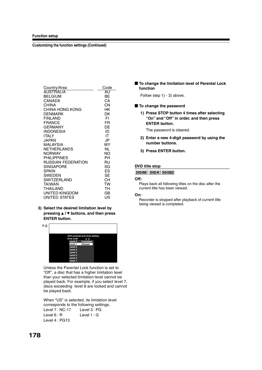 Toshiba RD-XS55KU owner manual 178, To change the limitation level of Parental Lock function, Code 