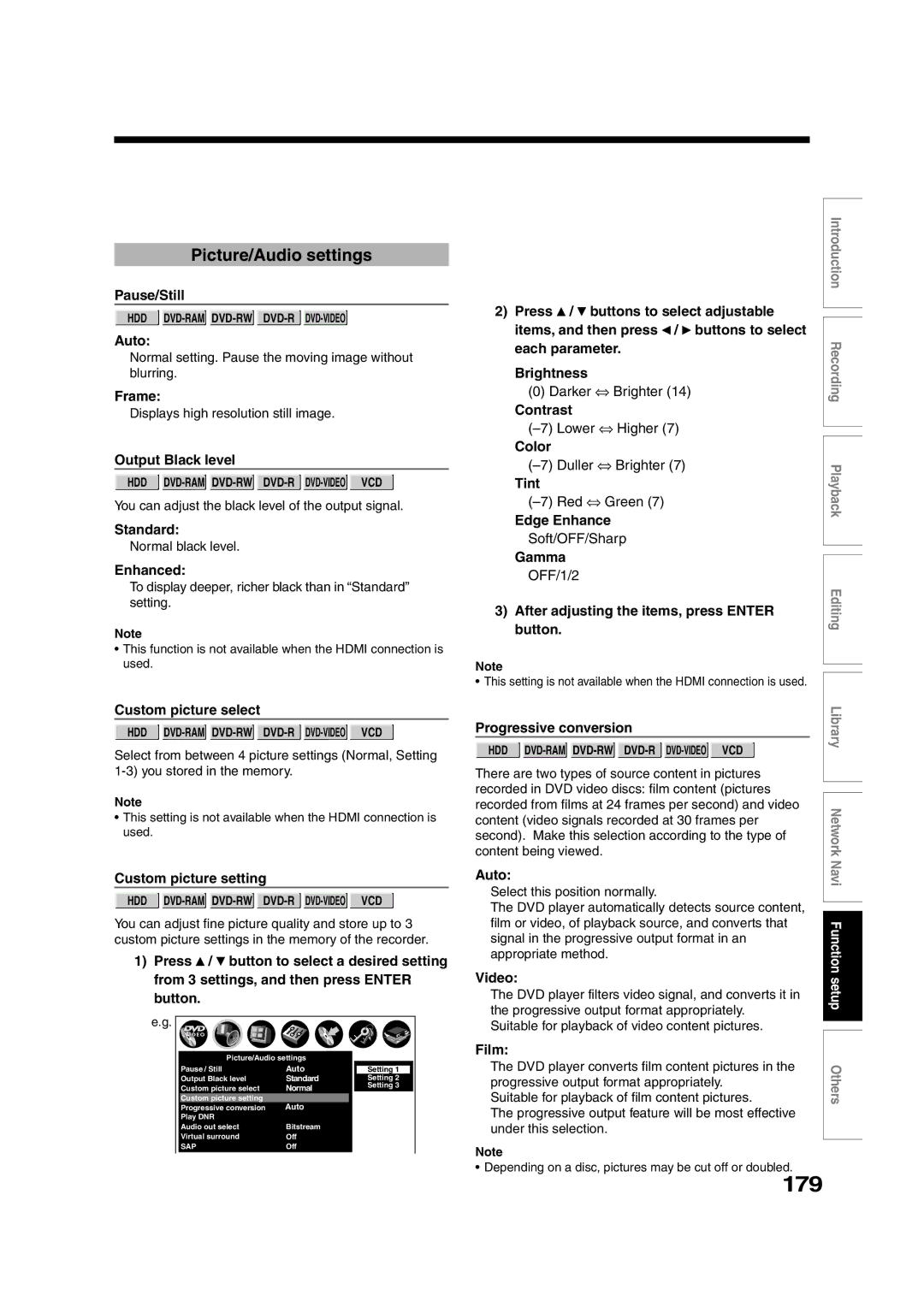 Toshiba RD-XS55KU owner manual 179, Picture/Audio settings 