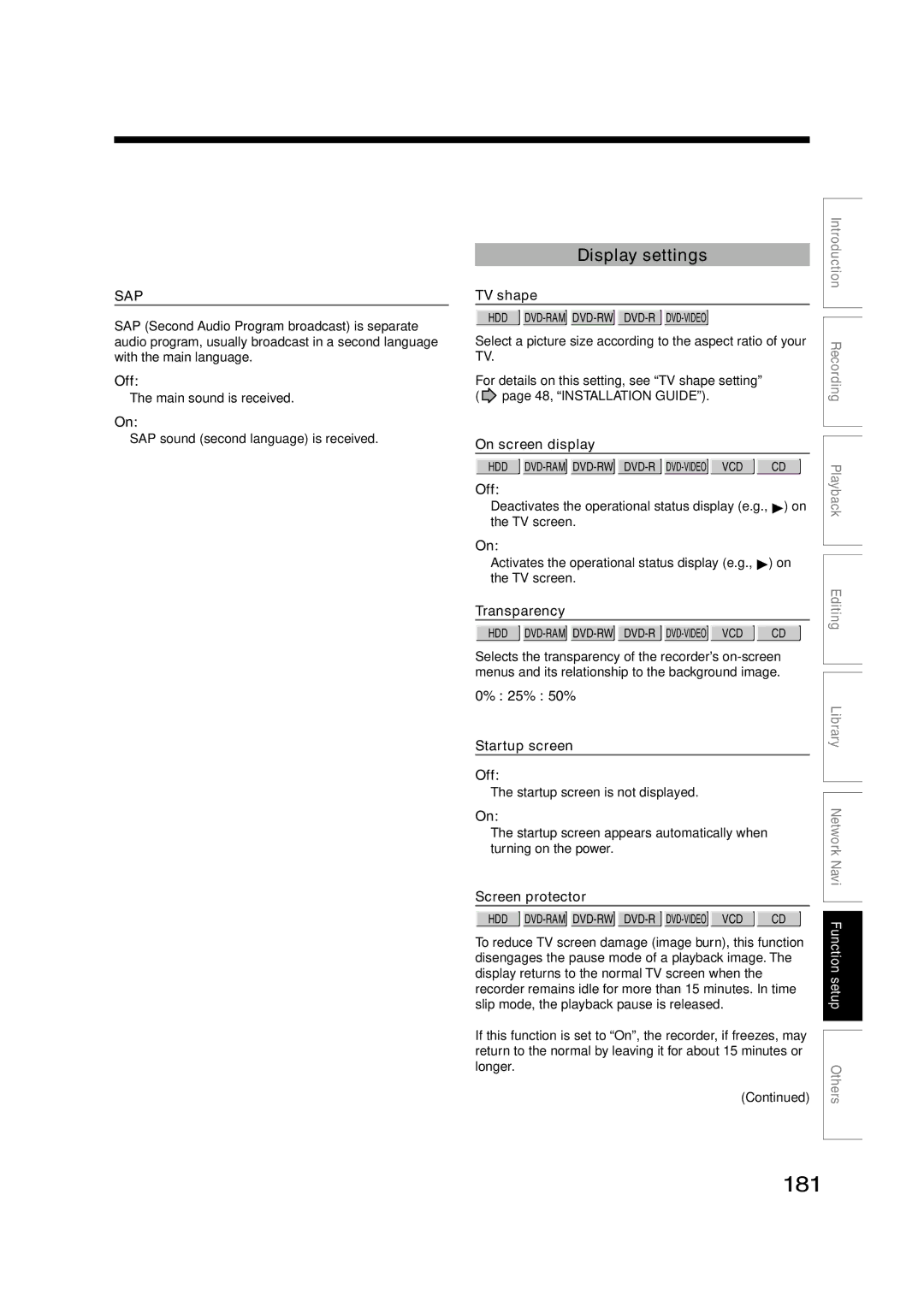 Toshiba RD-XS55KU owner manual 181, Display settings 