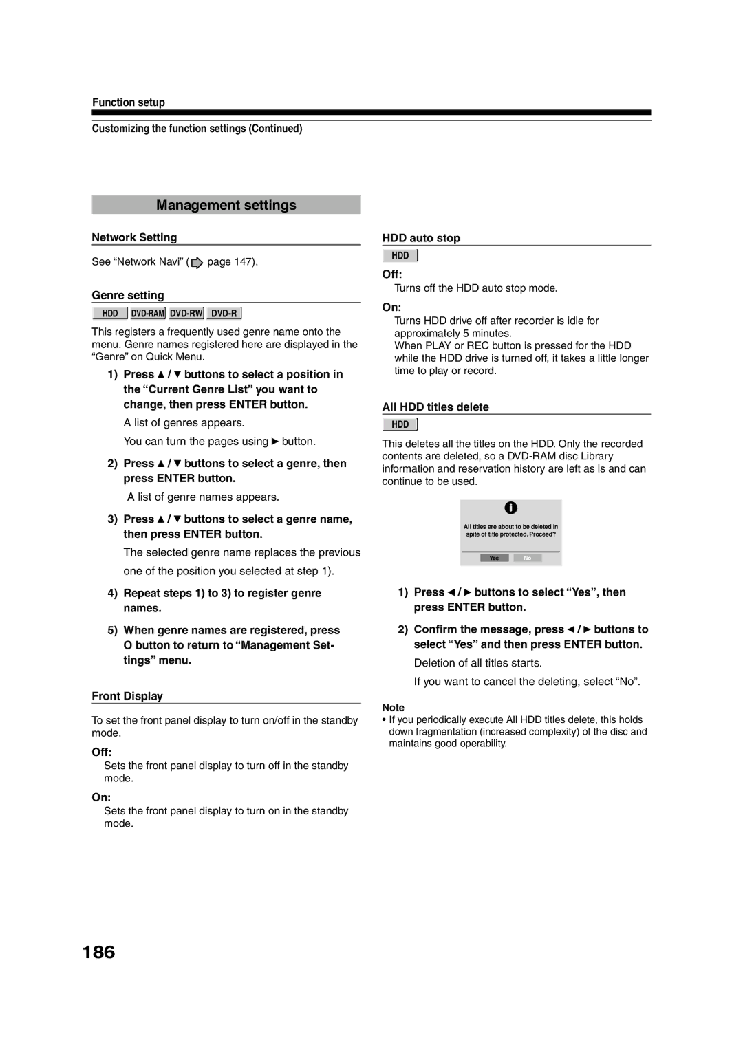 Toshiba RD-XS55KU owner manual 186, Management settings 