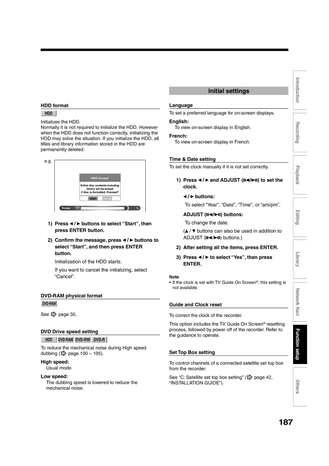 Toshiba RD-XS55KU owner manual 187, Initial settings 