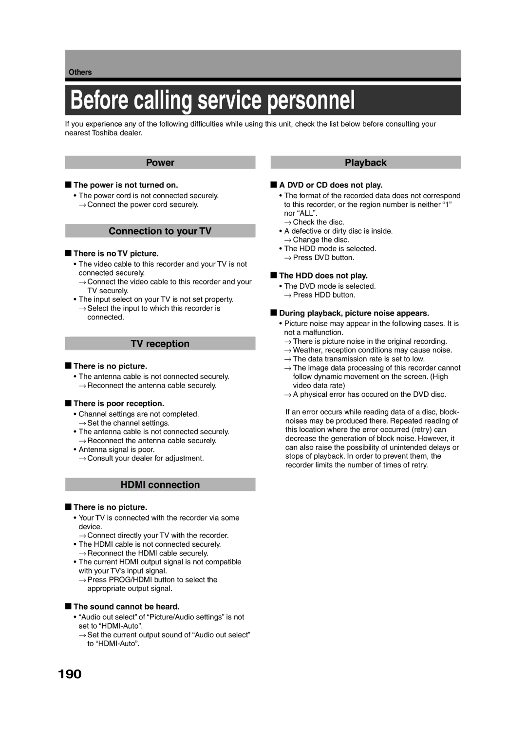 Toshiba RD-XS55KU owner manual Before calling service personnel, 190 