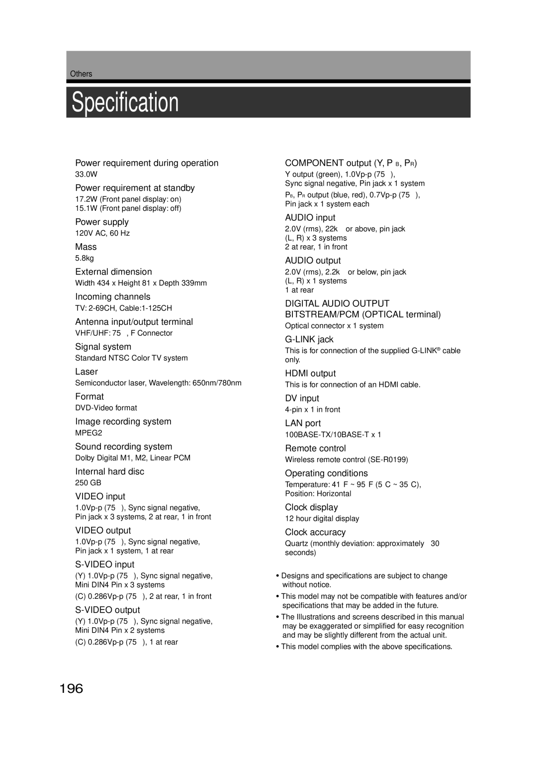 Toshiba RD-XS55KU owner manual Specification, 196 