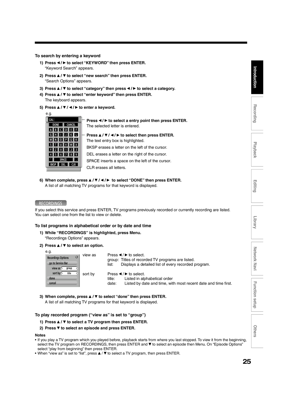 Toshiba RD-XS55KU owner manual To search by entering a keyword, To list programs in alphabetical order or by date and time 