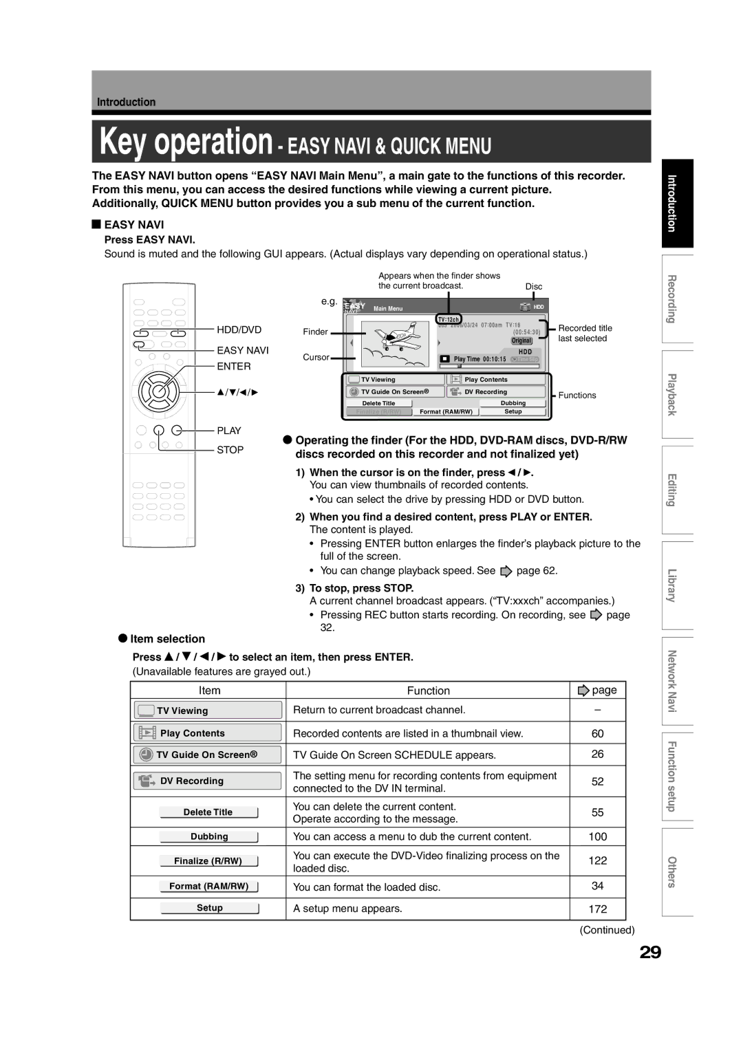 Toshiba RD-XS55KU owner manual Operating the finder For the HDD, DVD-RAM discs, DVD-R/RW, Item selection 