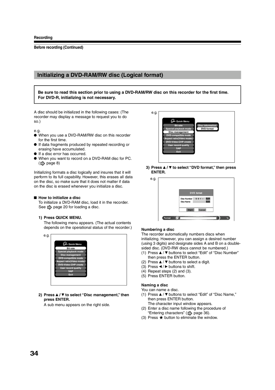 Toshiba RD-XS55KU owner manual Initializing a DVD-RAM/RW disc Logical format, Recording Before recording 