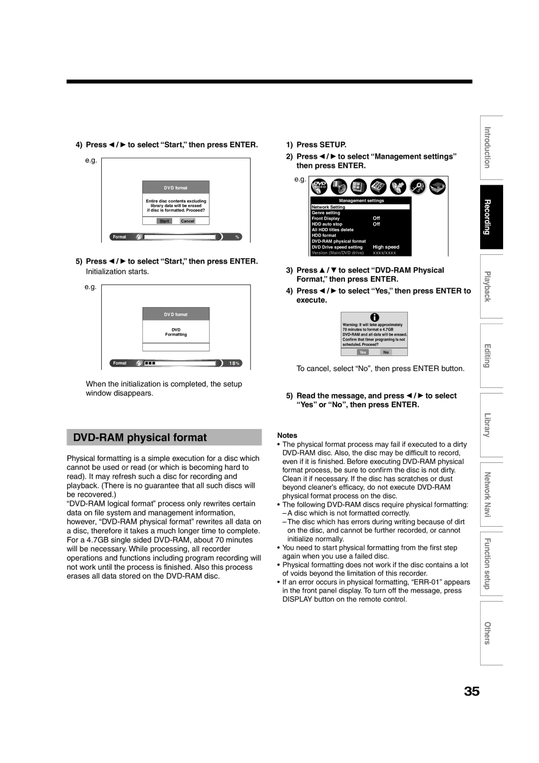 Toshiba RD-XS55KU DVD-RAM physical format, Press Setup To select Management settings Then press Enter, Execute 