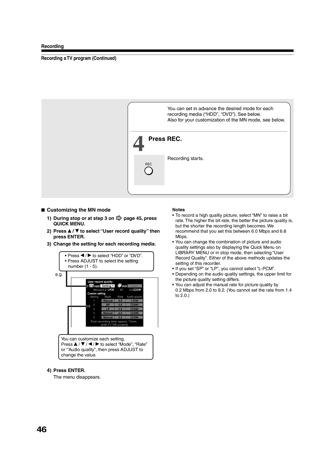 Toshiba RD-XS55KU owner manual Press REC, Recording Recording a TV program, Customizing the MN mode, Press Enter 