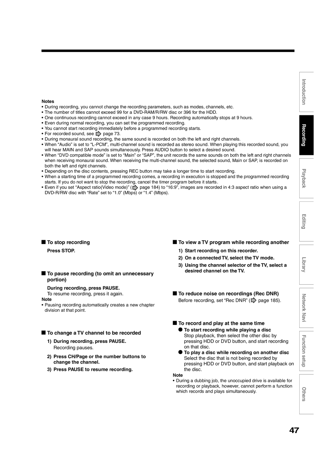 Toshiba RD-XS55KU owner manual To stop recording, To pause recording to omit an unnecessary portion 