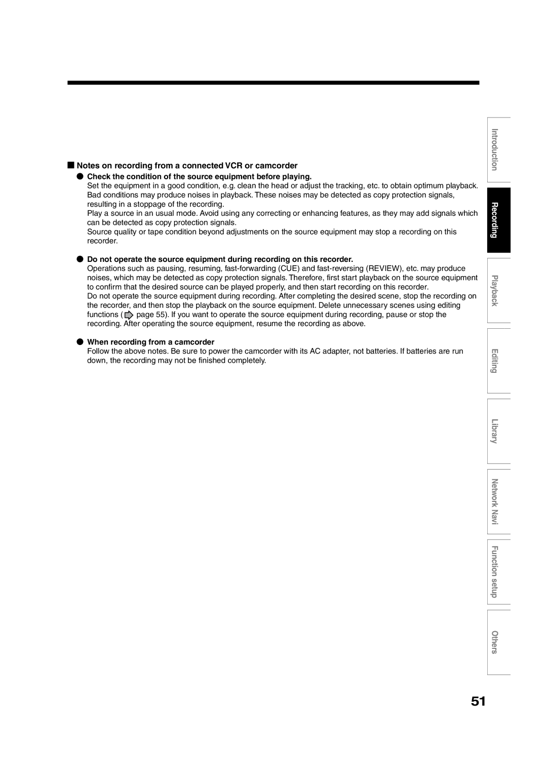 Toshiba RD-XS55KU owner manual Check the condition of the source equipment before playing, When recording from a camcorder 