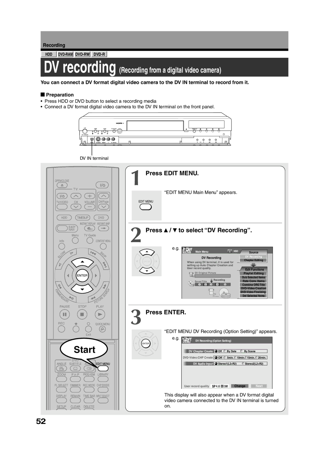 Toshiba RD-XS55KU owner manual Press Edit Menu, Press / to select DV Recording, Edit Menu Main Menu appears 