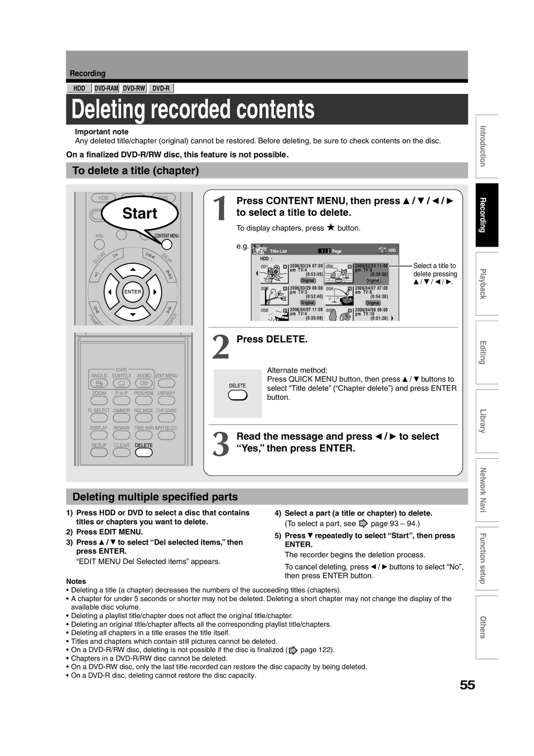 Toshiba RD-XS55KU owner manual Deleting recorded contents 