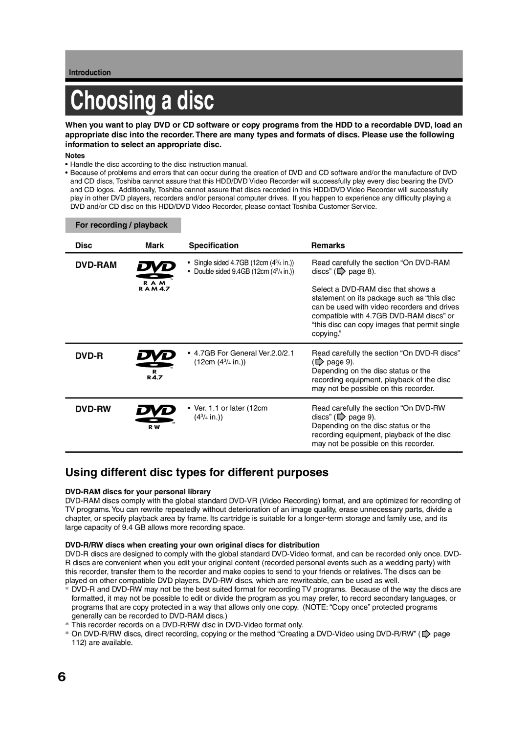 Toshiba RD-XS55KU owner manual Choosing a disc, For recording / playback Disc Mark Specification Remarks 