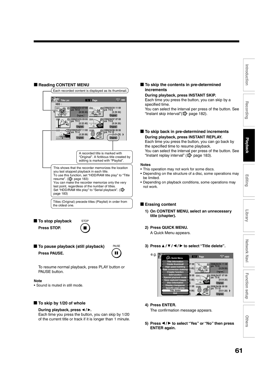 Toshiba RD-XS55KU Reading Content Menu, To stop playback, To pause playback still playback, To skip by 1/20 of whole 