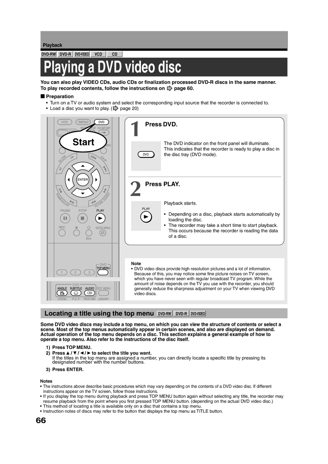 Toshiba RD-XS55KU Playing a DVD video disc, Locating a title using the top menu DVD-RWDVD-RDVD-VIDEO, Press DVD 