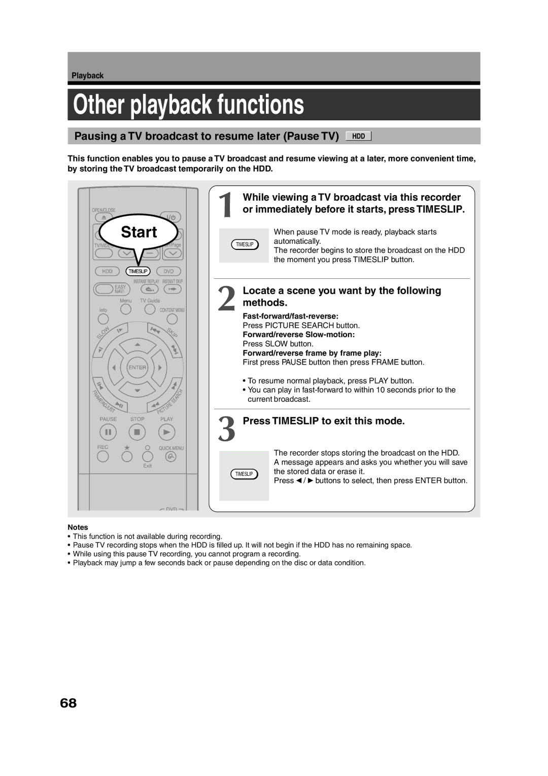 Toshiba RD-XS55KU owner manual Other playback functions, Pausing a TV broadcast to resume later Pause TV HDD, Methods 